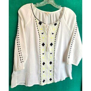 White Boho Top With Black and Green Trim Sonoma Decorative Womens Size L  JH714